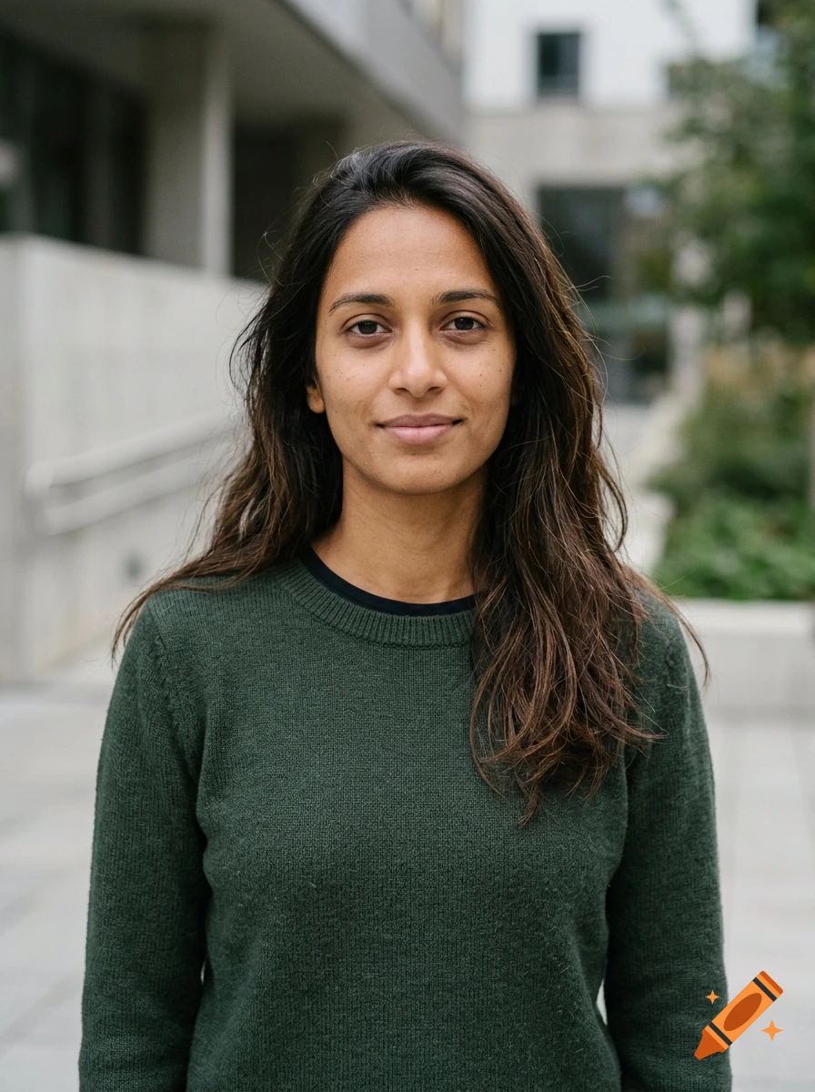 Photorealistic portrait of a woman with long dark hair, wearing a dark green sweater, standing outdoors in front of a building.