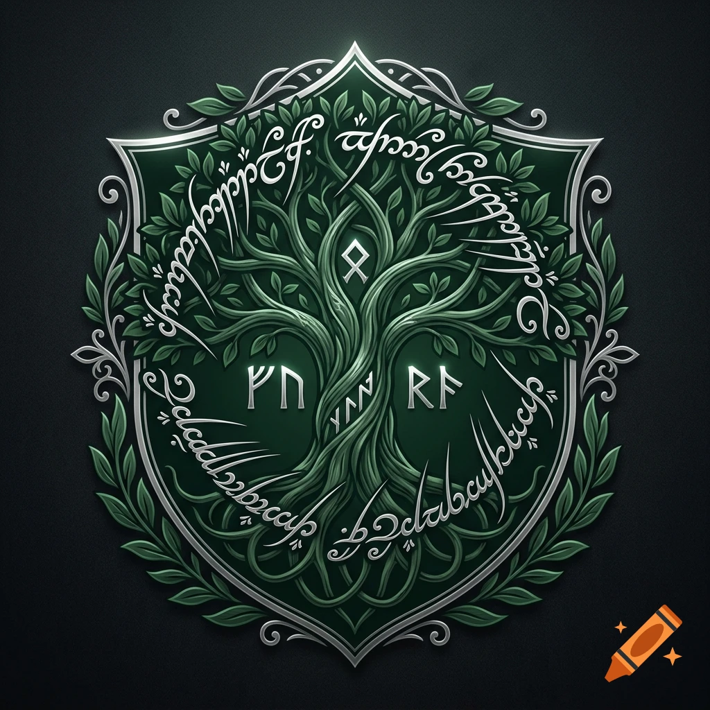 An elf noble family crest featuring a detailed green tree of life with silver runes inside a shield.