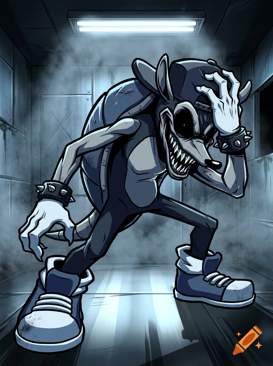 Digital illustration of a creepy, distorted anthropomorphic armadillo in a metallic room.