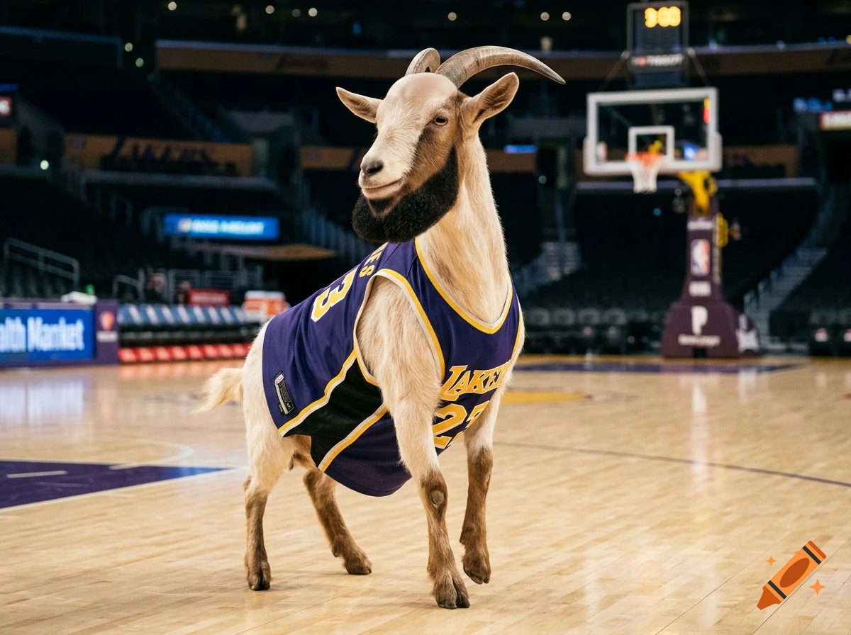 Photorealistic image of a goat with a beard wearing a Los Angeles Lakers jersey standing on a basketball court.
