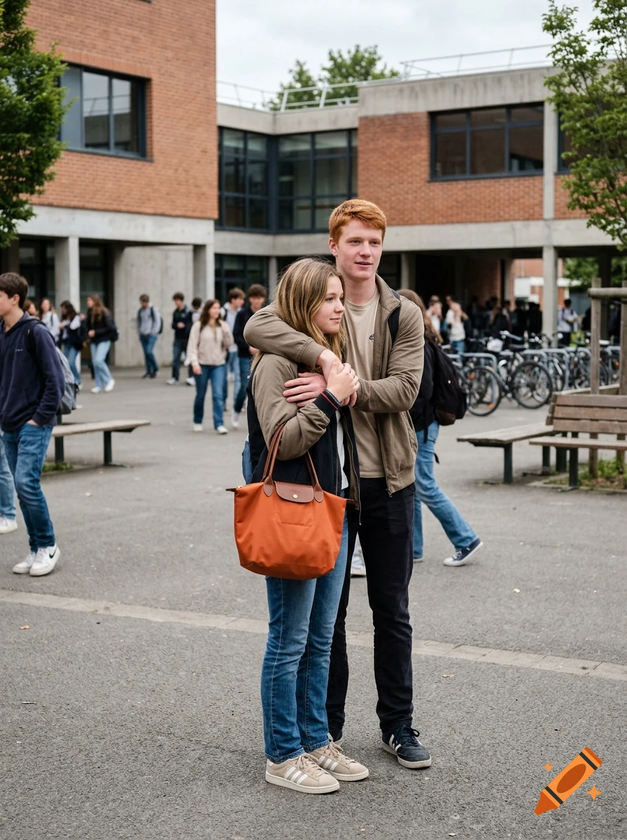 Photorealistic image of a teenage couple standing in a school courtyard, hugging, surrounded by other students.