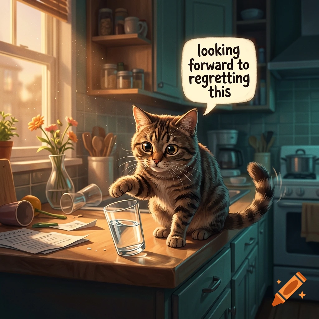 An illustrated tabby cat in a kitchen, reaching its paw out to knock over a glass of water, with a speech bubble saying looking forward to regretting this.