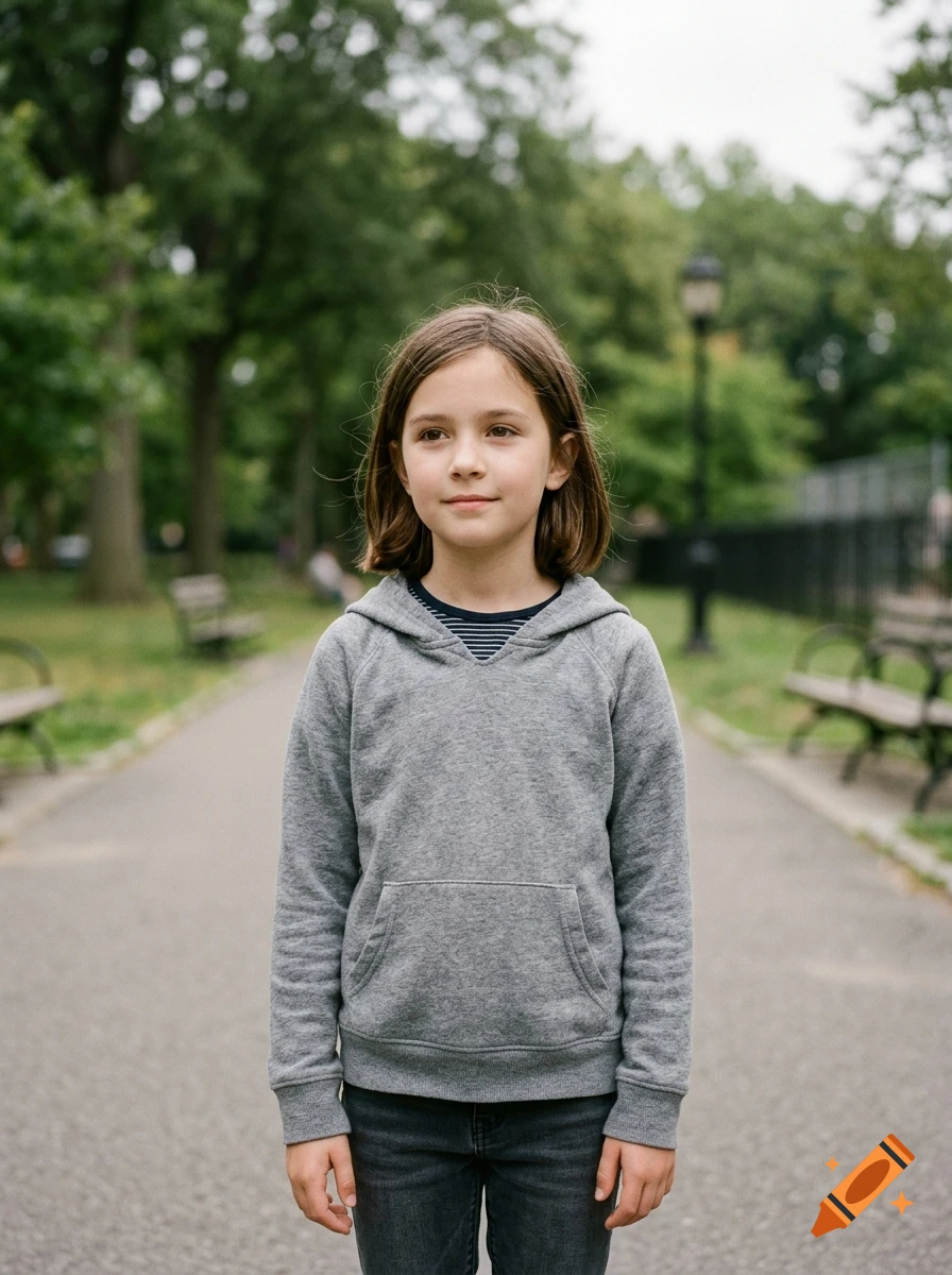 Photorealistic portrait of a young girl with shoulder-length brown hair wearing a grey hoodie standing on a path in a park.