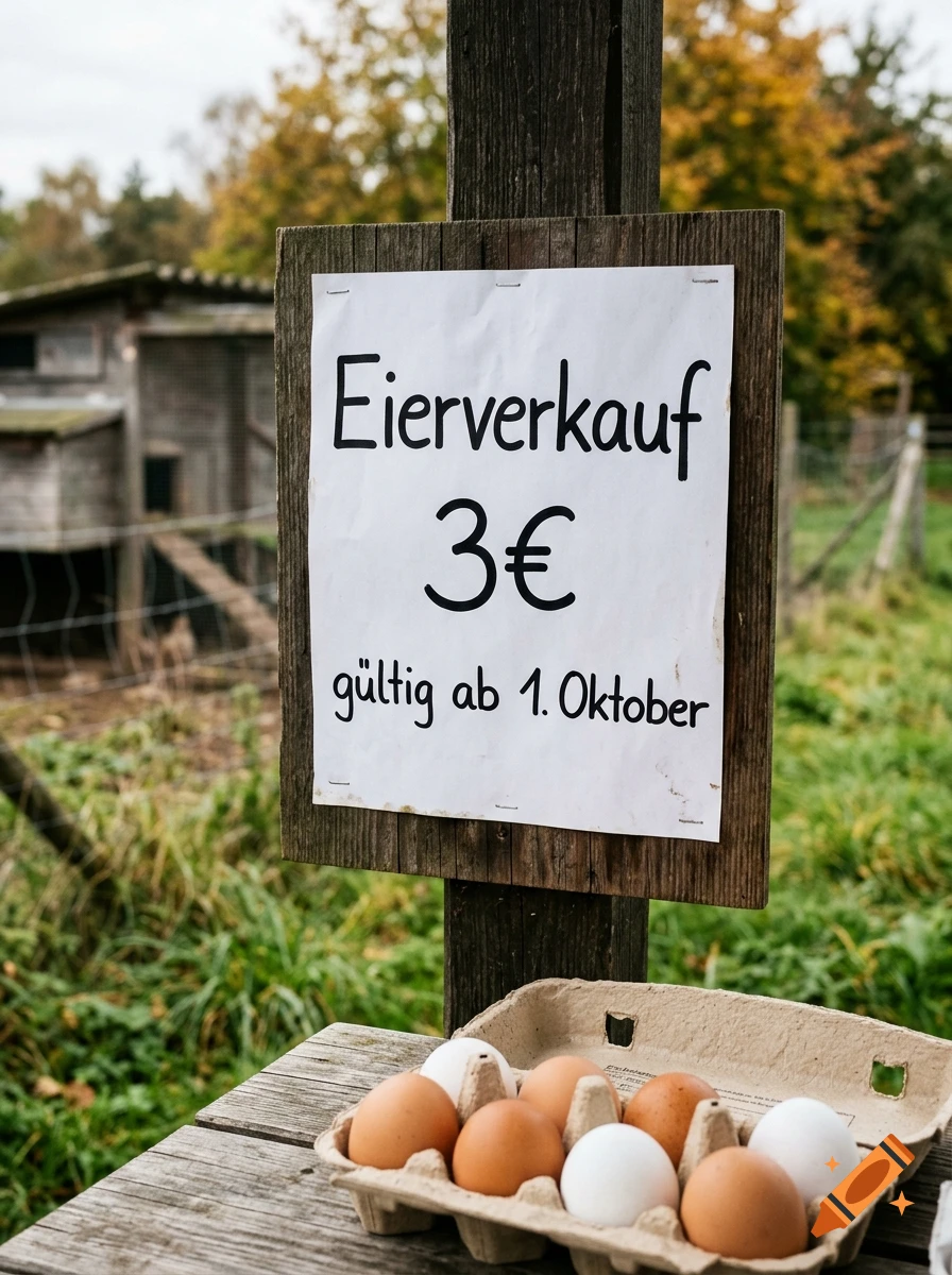 A wooden sign with German text Eierverkauf 3 Euro attached to a post, with a carton of fresh eggs on a table below.