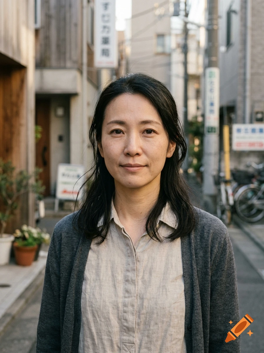 Close-up photorealistic portrait of a middle-aged Japanese woman with dark hair in a casual cardigan, standing on a narrow street.