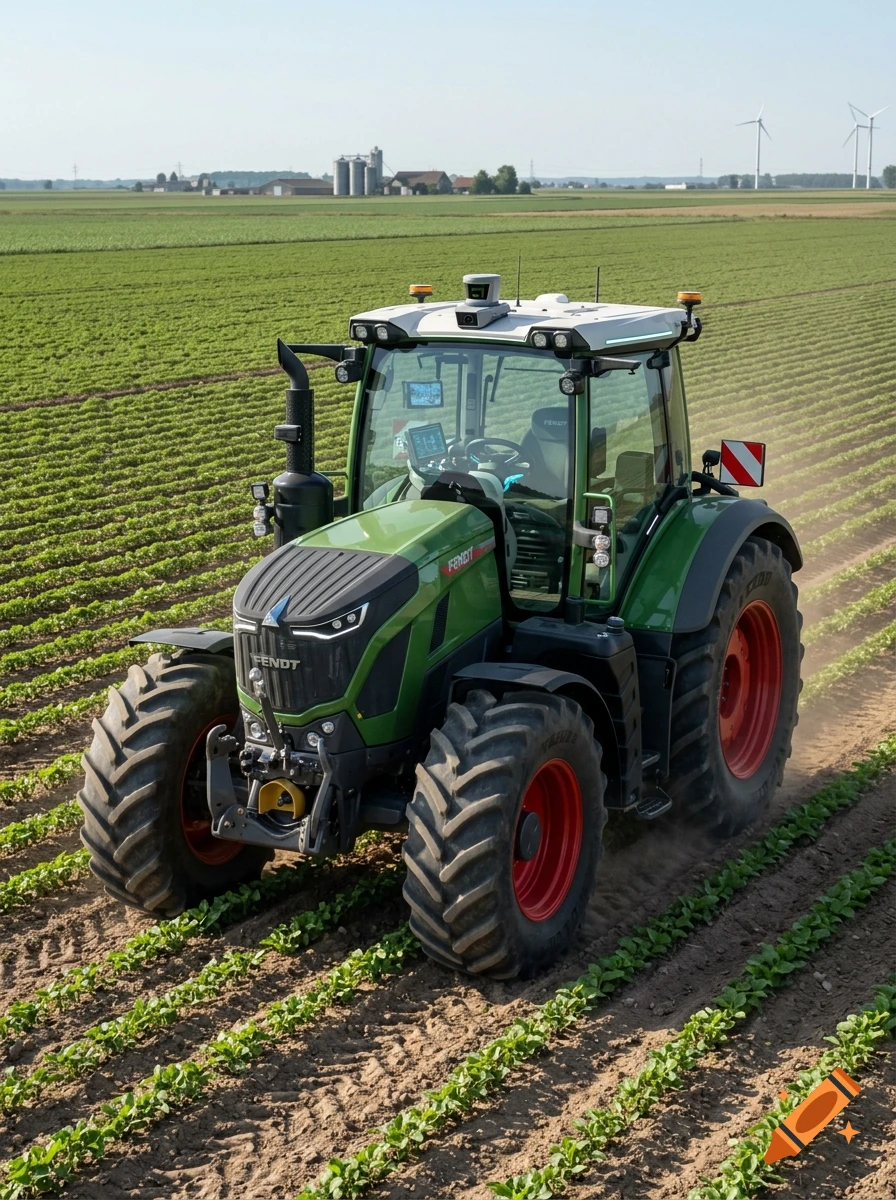 Photorealistic image of a modern green tractor driving through a crop field on a sunny day.