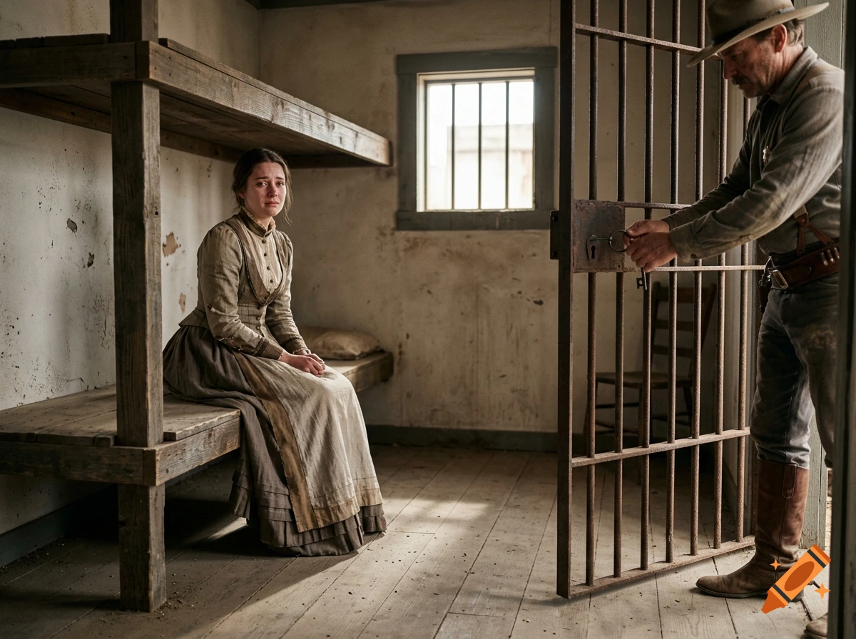 A distressed woman in period clothing sits on the lower bunk inside a jail cell, while a man in a hat unlocks the iron door from the outside.