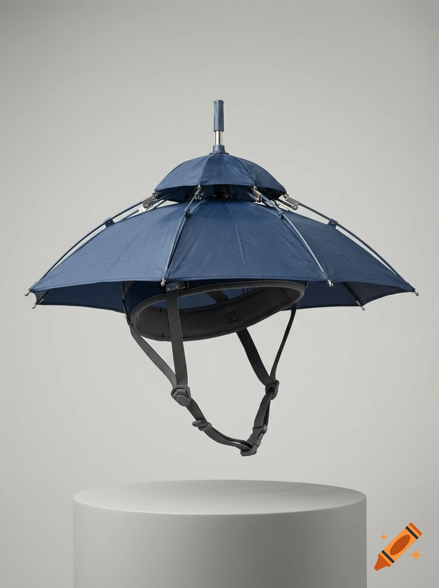 An innovative invention combining a blue umbrella and a helmet, floating on a minimalist gray background.