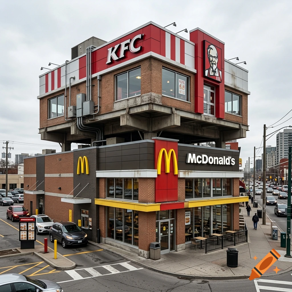 Photorealistic image of a surreal building where a KFC restaurant stands on top of a McDonald's restaurant at a city intersection.
