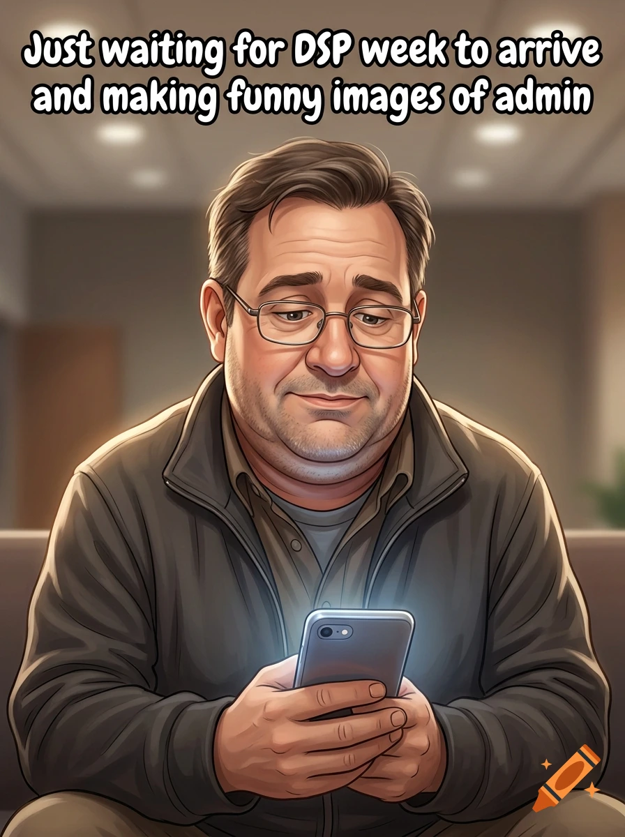 Cartoon portrait of a middle-aged man with glasses looking down at his illuminated smartphone.