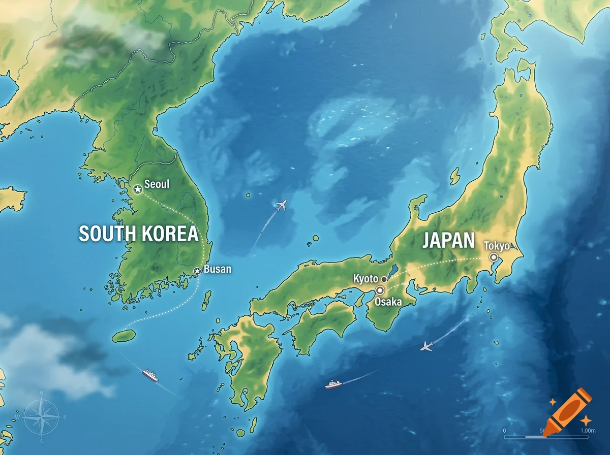 Illustrated map of South Korea and Japan with cities and travel routes marked, in an animation style.