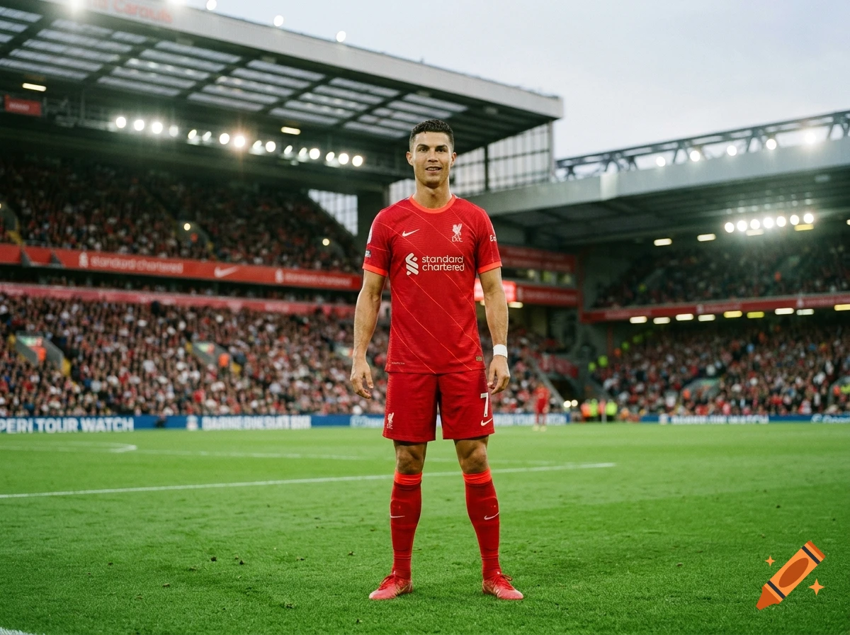 A man wearing a red football uniform stands on a grass pitch inside a large crowded stadium.