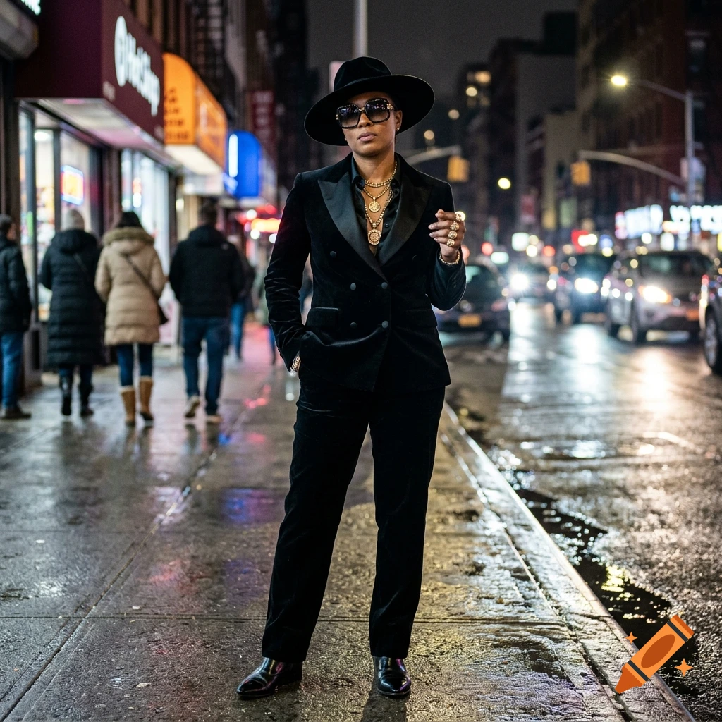 A person standing on a wet city sidewalk at night, wearing a black velvet suit, hat, sunglasses, and layered necklaces, with blurred streetlights and cars in the background.