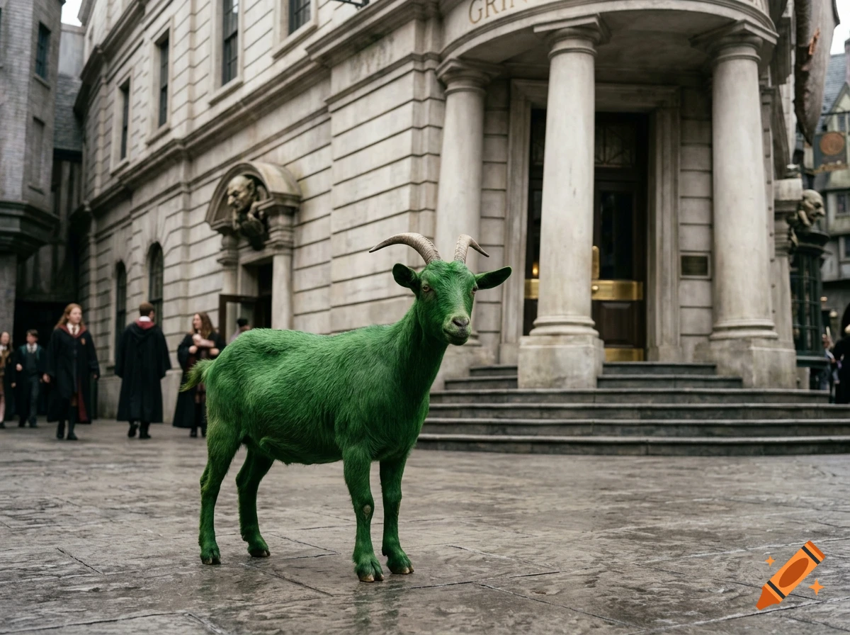 Photorealistic image of a vibrant green goat standing on cobblestone in front of Gringotts bank with people walking in the background.