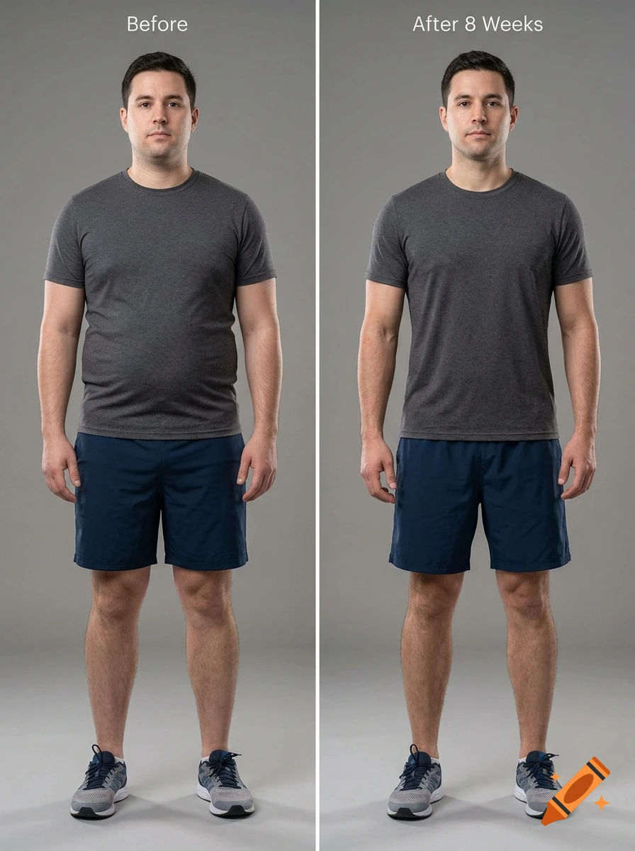 Photorealistic side-by-side comparison of a man before and after an 8-week fitness transformation.