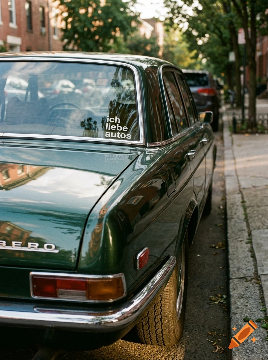 Close-up of a vintage dark green car parked on a city street, with German text on the rear window.