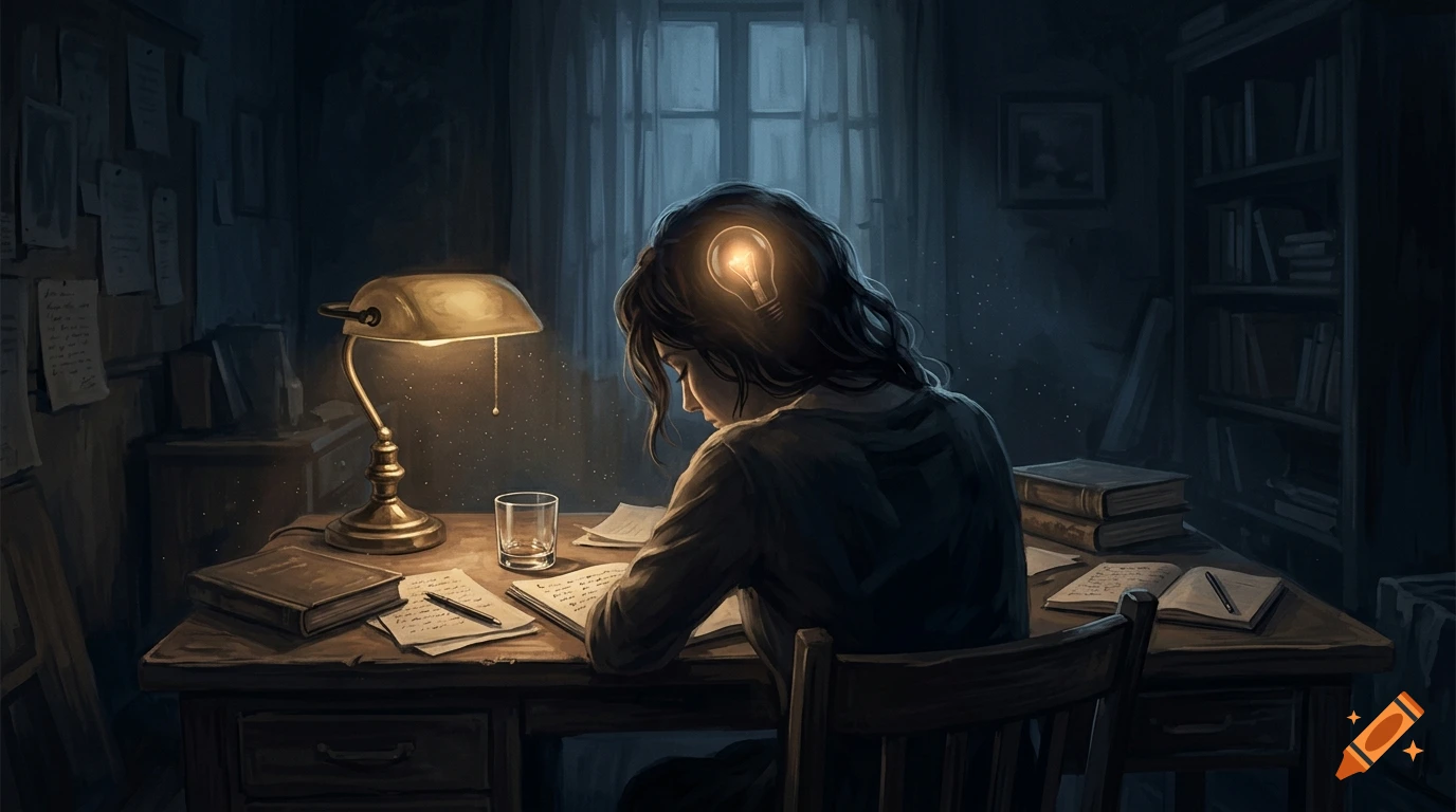 A dark room at night with a woman at a desk, a lamp glowing beside her, and a lightbulb inside her head.