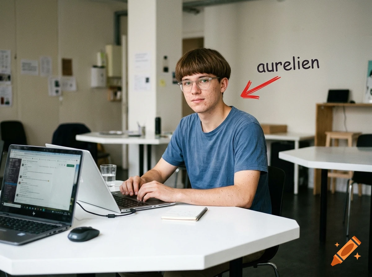 A young man with a bowl cut and glasses sitting at a white desk in an office, working on a laptop, with an arrow pointing to him labeled aurelien.