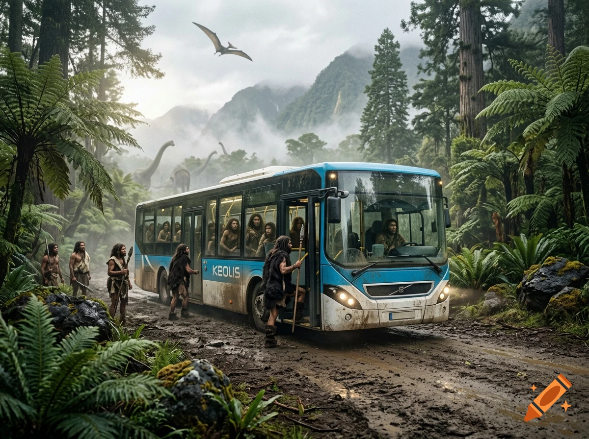 Photorealistic image of a modern blue Keolis bus parked in a prehistoric jungle with cavemen and dinosaurs.