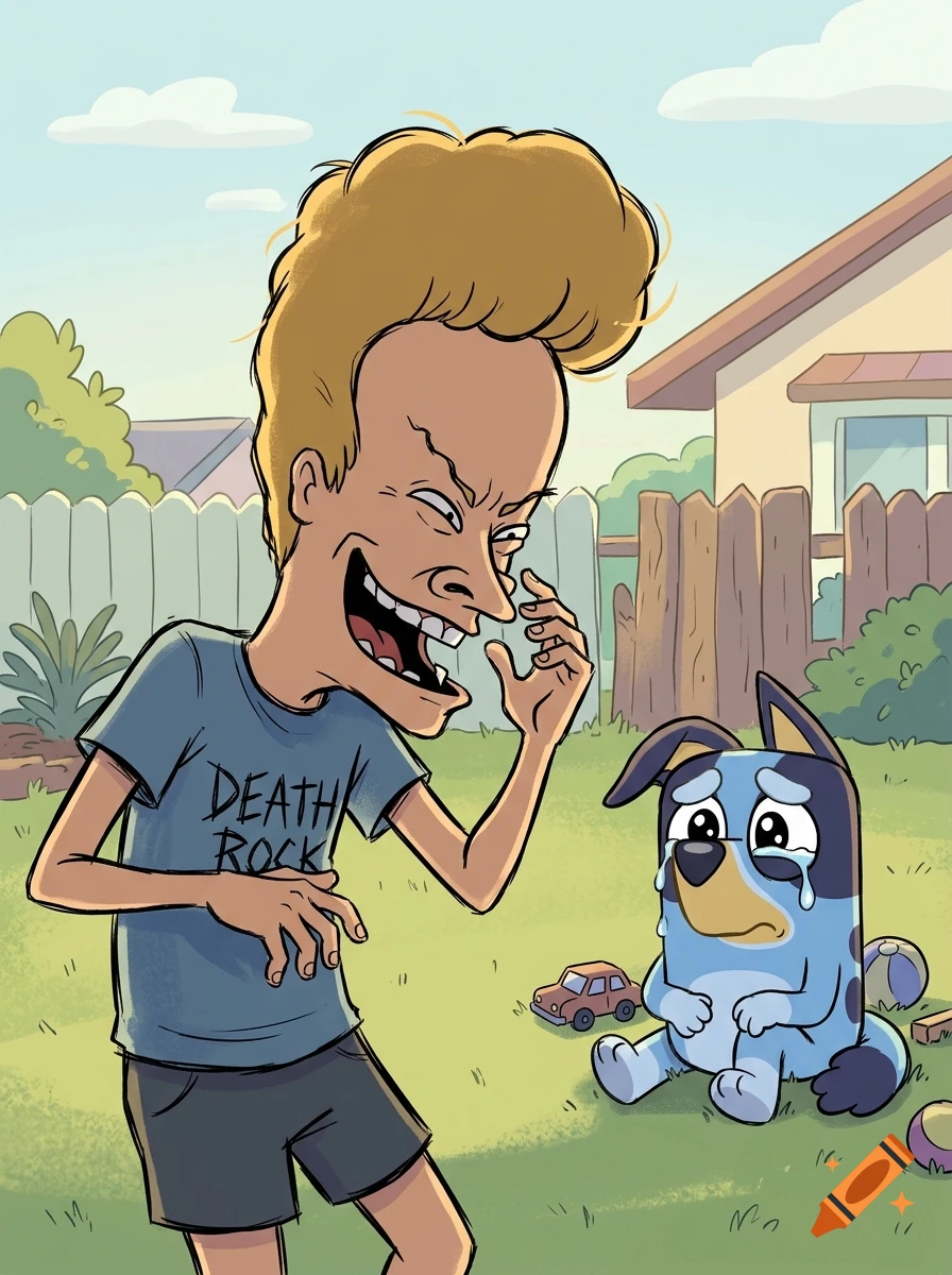 Cartoon drawing of Beavis laughing at a crying Bluey sitting in a suburban backyard.