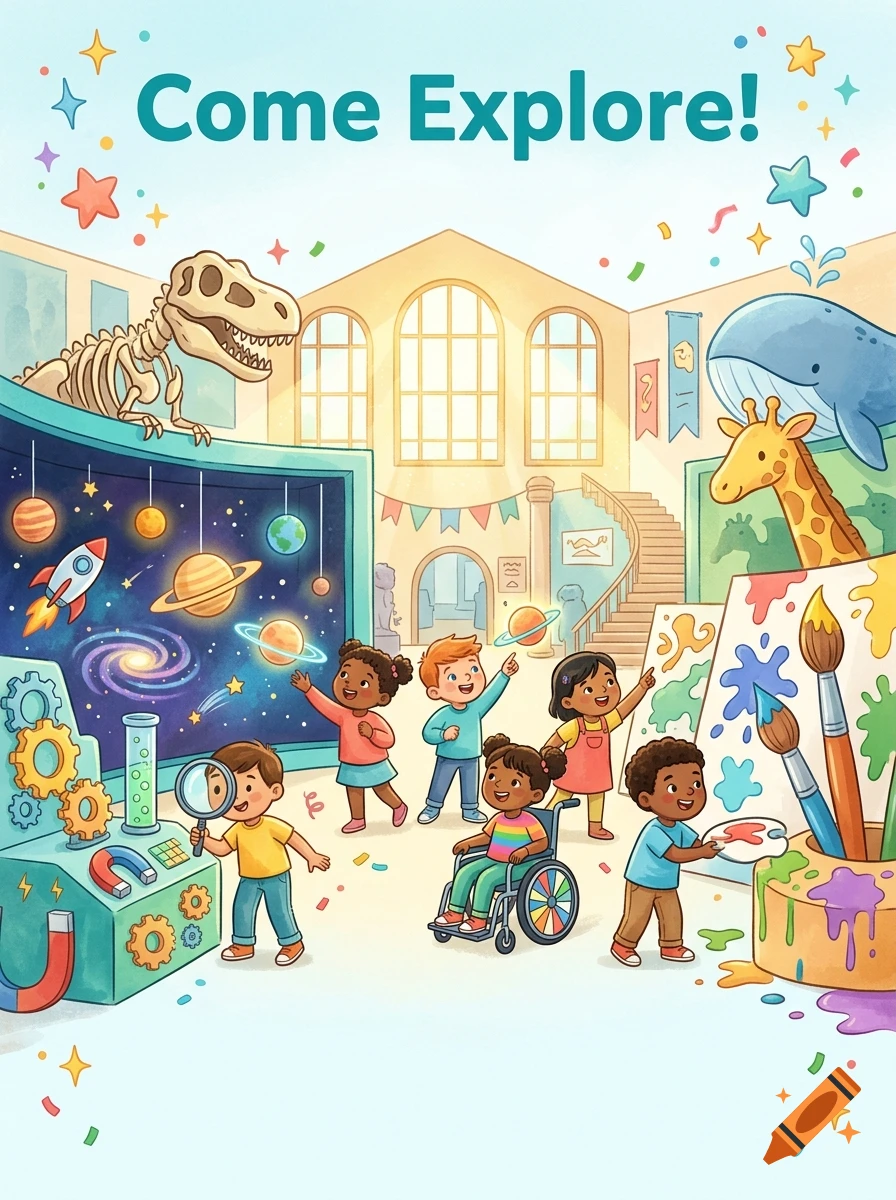Colorful children's illustration of a museum with exhibits of a dinosaur skeleton, planets, a whale, and diverse kids exploring.