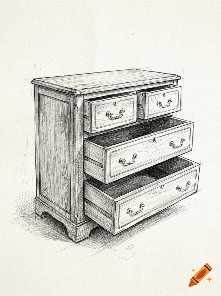 Pencil sketch of an antique dresser with open drawers showing wood grain texture.