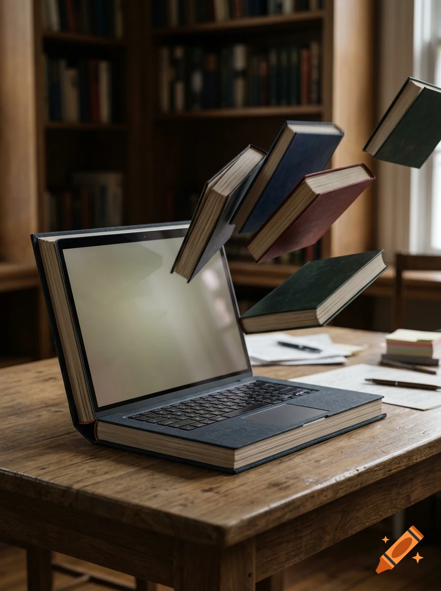 A laptop shaped like a book sits on a wooden desk with floating books around it inside a library.