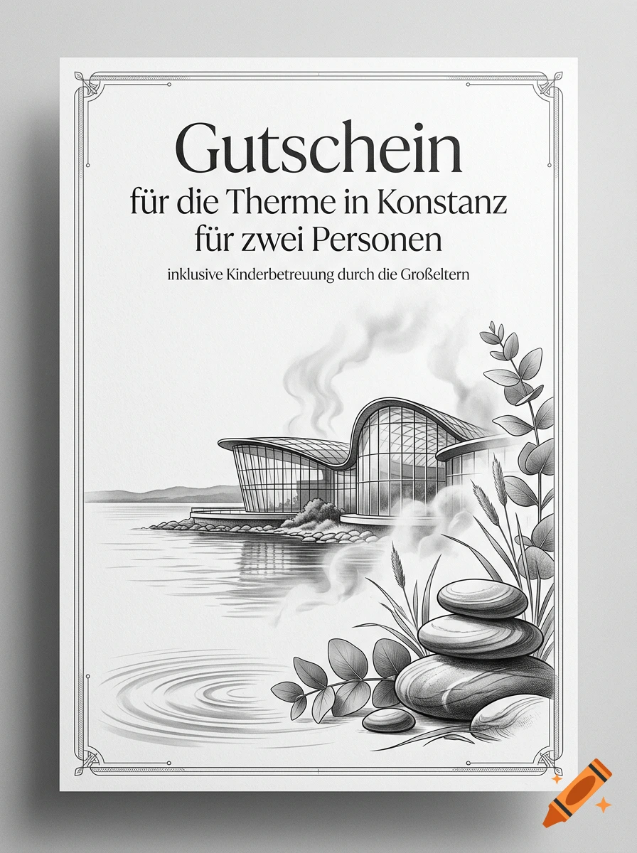 Black and white illustrated voucher for a thermal bath showing a modern building by a lake, smooth stones, and foliage.