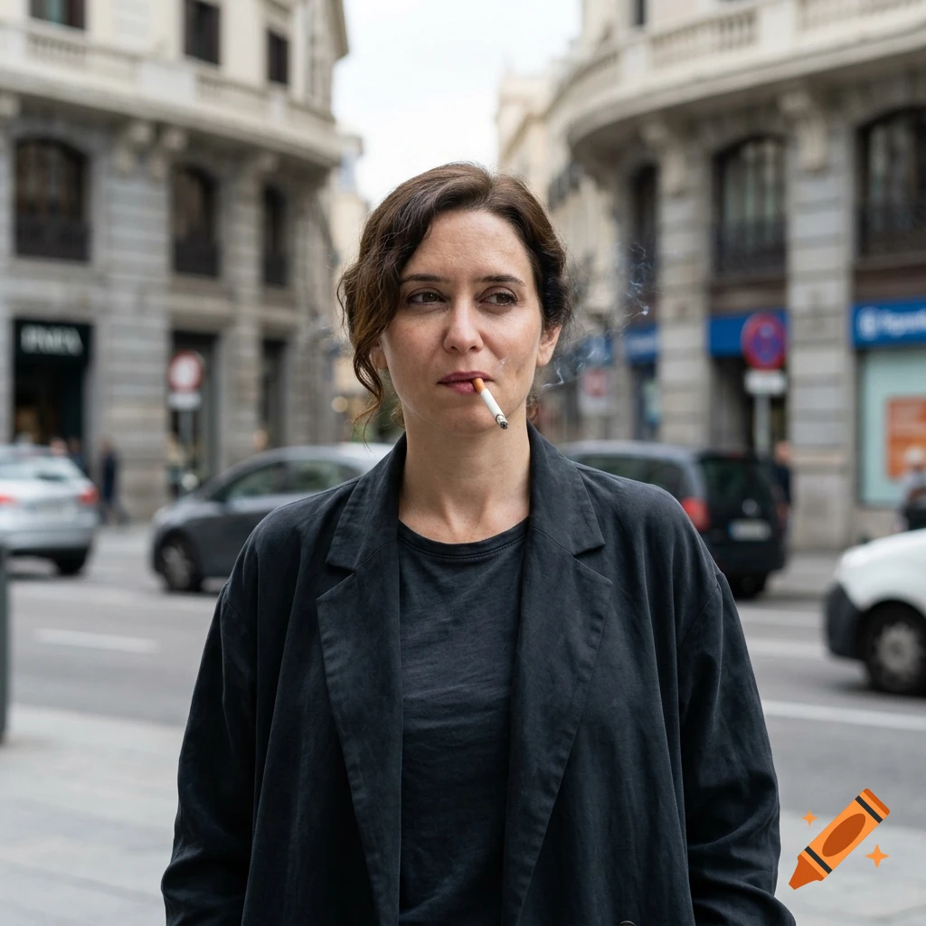 Photorealistic medium shot of a woman with brown hair in an updo, smoking a cigarette, wearing a black jacket on a city street.