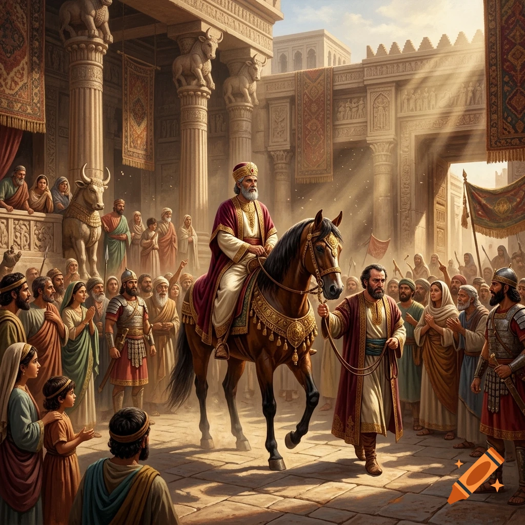 Digital illustration of a regal figure in a red robe riding a horse through an ancient stone city filled with cheering crowds.