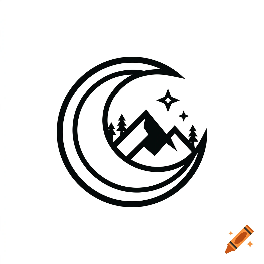 Black and white vector logo of a crescent moon framing mountains, pine trees, and stars.