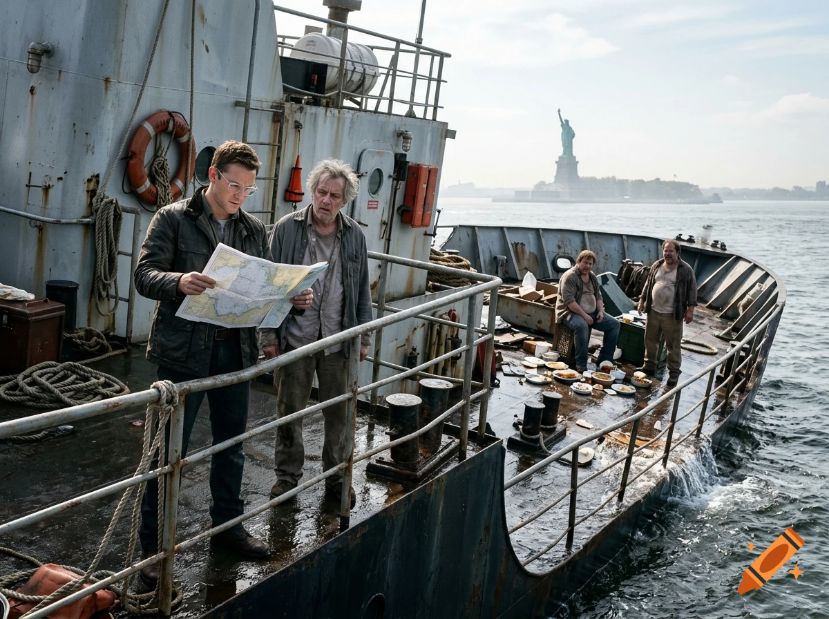 Four men on a boat inspecting a map, with the Statue of Liberty in the background.