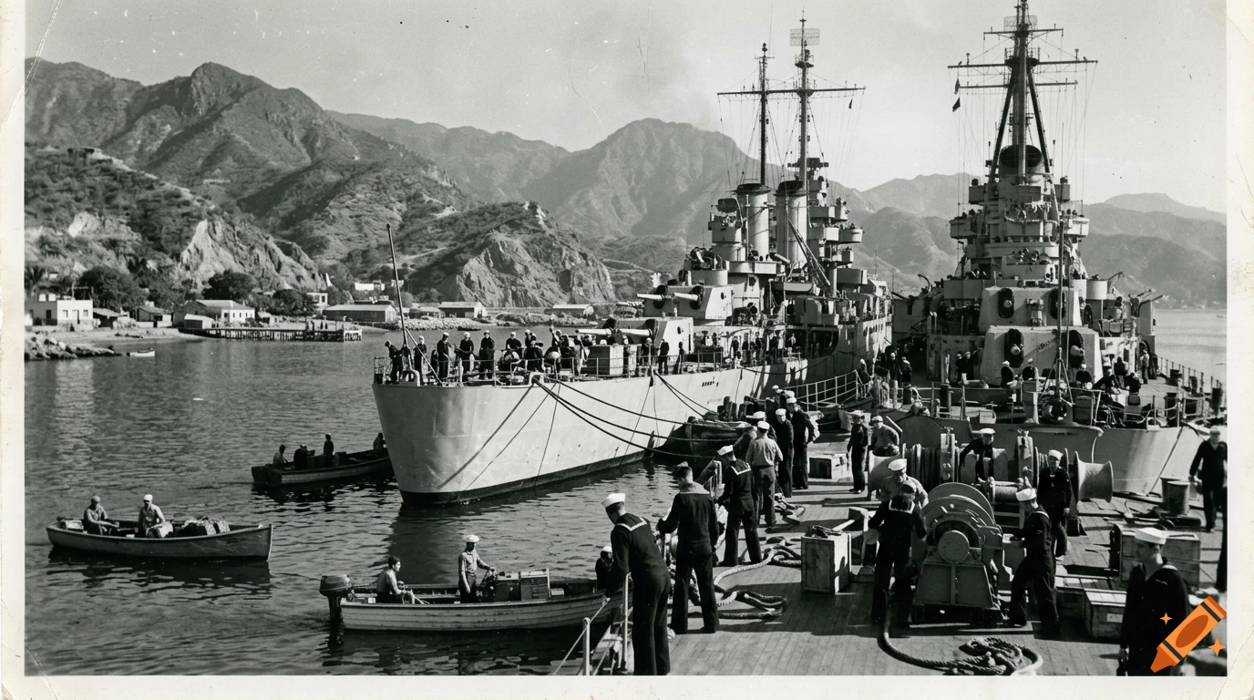 Black and white photograph showing naval ships docked in a harbor with sailors on deck and smaller boats in the water, backed by mountains.