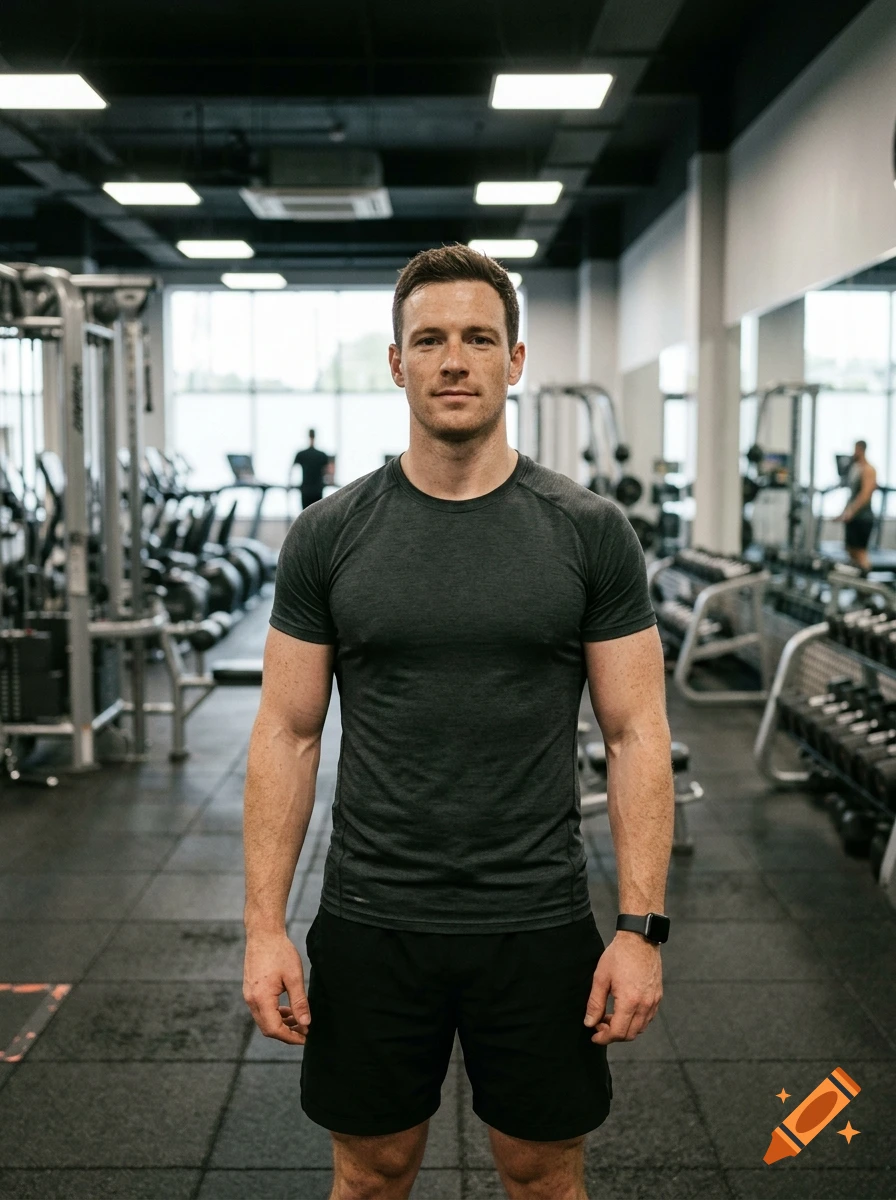 Photorealistic image of a strong man in a grey t-shirt standing inside a gym.