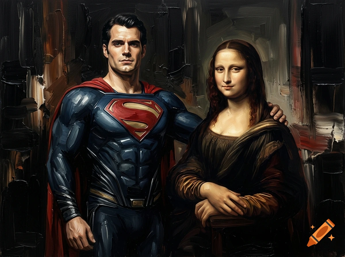An oil painting depicting Superman standing beside the Mona Lisa, who places her hand on his shoulder against a dark, abstract background.