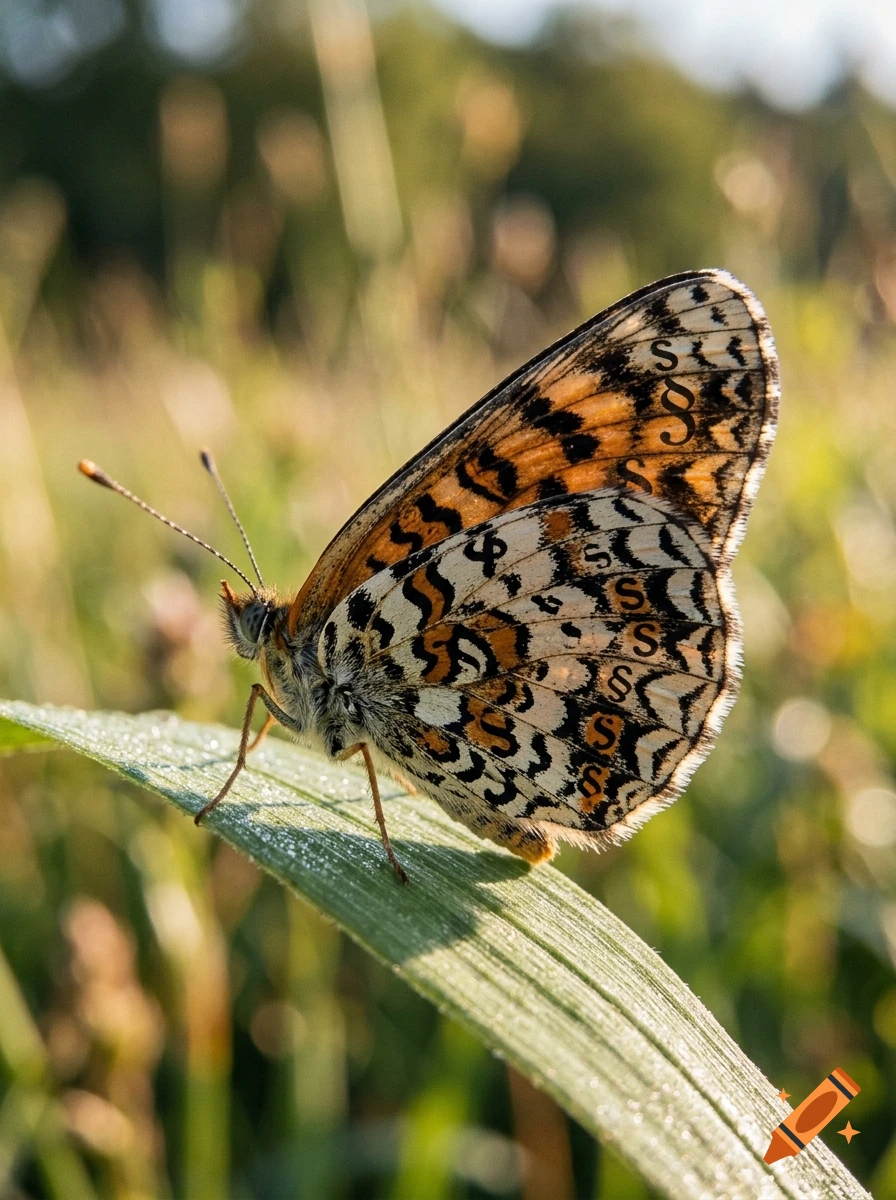 Macro photograph of a butterfly perched on a dewy leaf, featuring paragraph symbol patterns on its wings, outdoors in natural light.