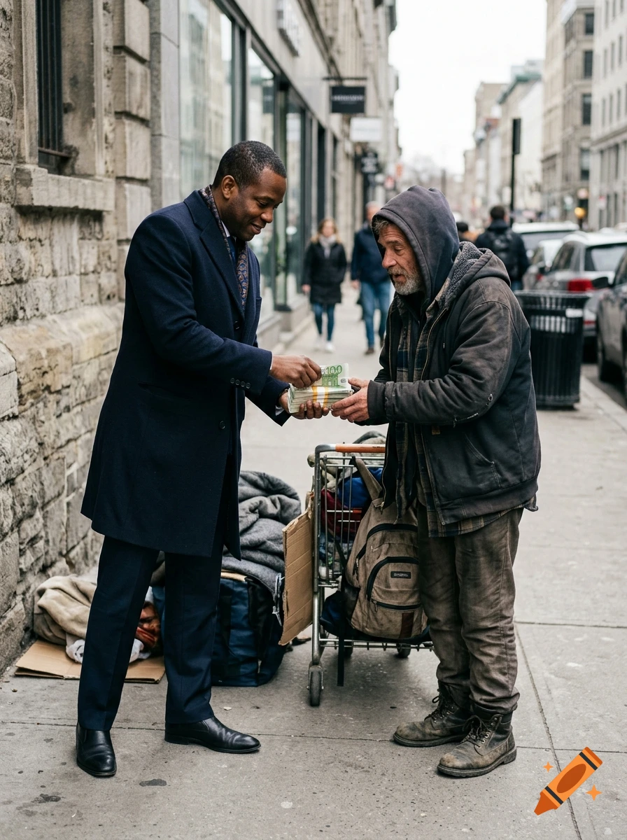A photorealistic image of a well-dressed Black man handing a stack of euro banknotes to a homeless man on a city sidewalk.