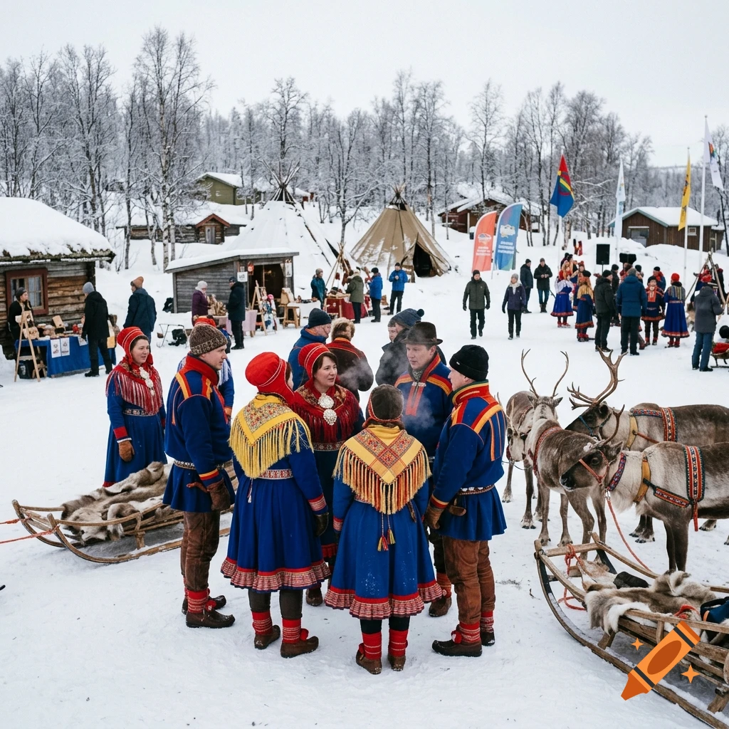People in traditional Sami blue and red garments gathering in a snowy landscape with tents and reindeer.