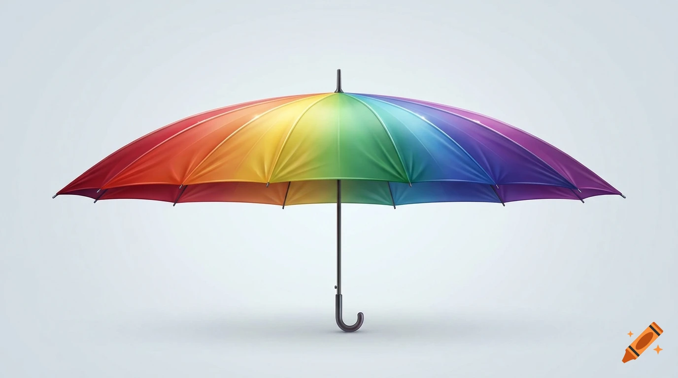 A wide, open umbrella featuring a vibrant rainbow color spectrum in digital art style against a light grey background.