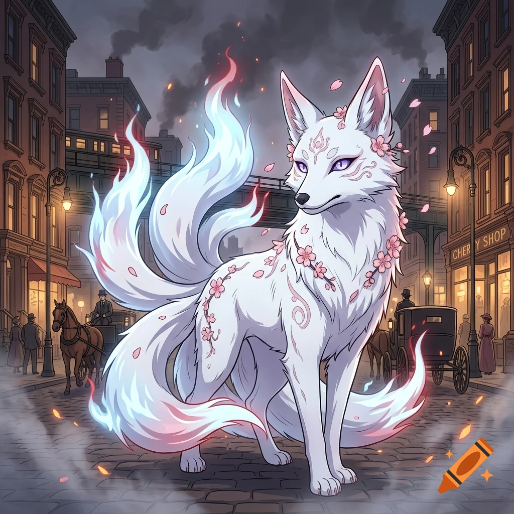 Anime style illustration of a mystical white kitsune fox with blue flames and cherry blossoms in a 1900s New York street setting.