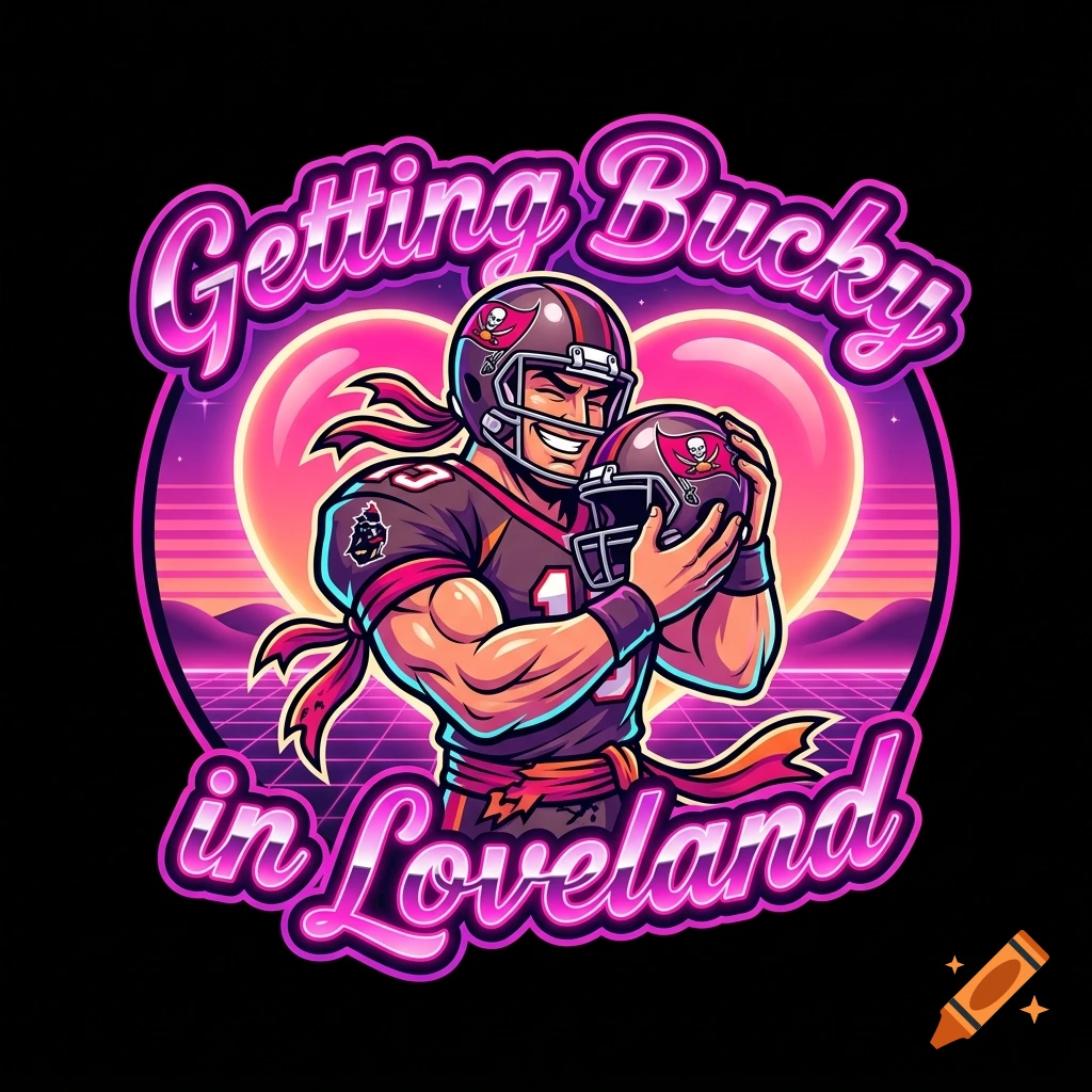 Cartoon logo of a muscular football player hugging a helmet, with neon text 'Getting Bucky in Loveland' and a pink heart background.