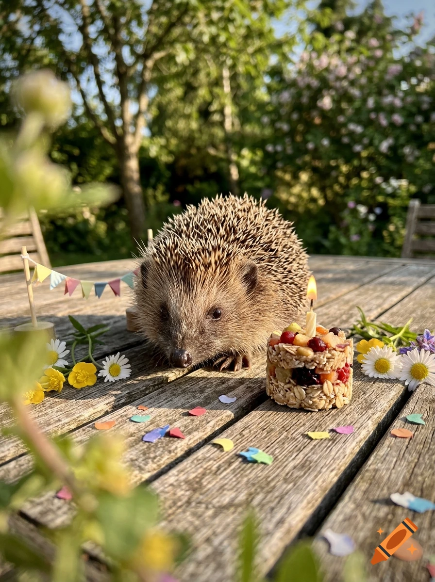 Photorealistic image of a small hedgehog sitting on a wooden table outdoors with a tiny birthday cake and candle.
