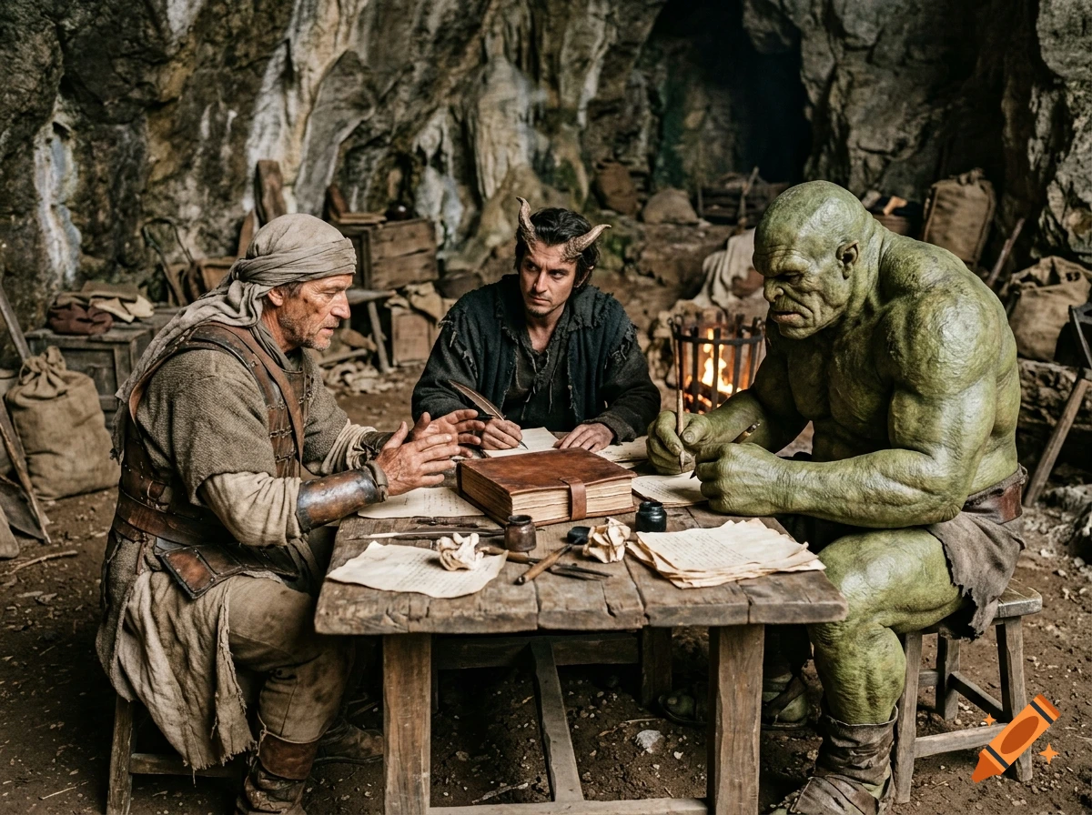 Photorealistic scene of a human caravan raider, a horned demon, and a green monster writing around a wooden table in a cave.