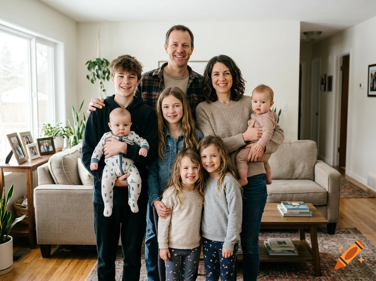 Photorealistic portrait of a large family with two parents and six children standing together in a living room.