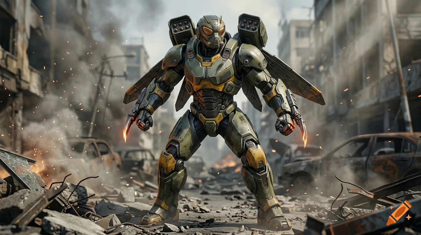 An armored futuristic robot with a jetpack stands in the middle of a war-torn, ruined city street surrounded by debris and smoke.