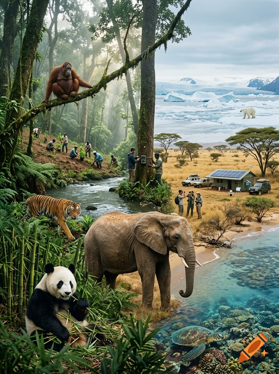 A collage combining diverse habitats and wildlife from tropical rainforests, grasslands, and arctic landscapes with researchers present.