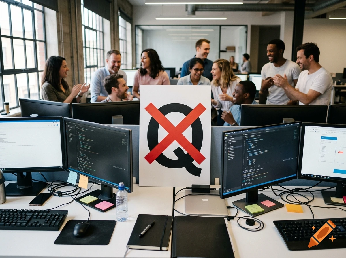 Photorealistic office scene with people in the background and a large sign with the letter Q and a red X in the foreground.