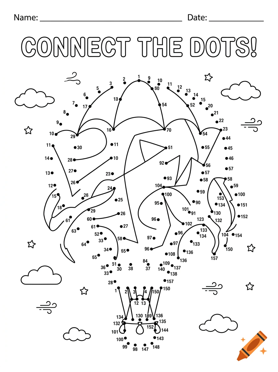 Connect the dots puzzle page with a hot air balloon design, numbers, clouds, and stars.