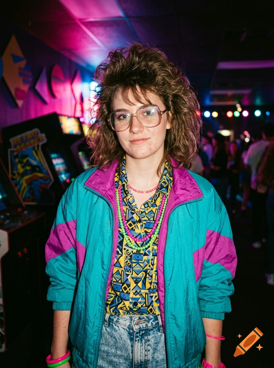 A young person with voluminous 1980s hair, retro glasses, geometric shirt, and a teal and purple windbreaker in an arcade.