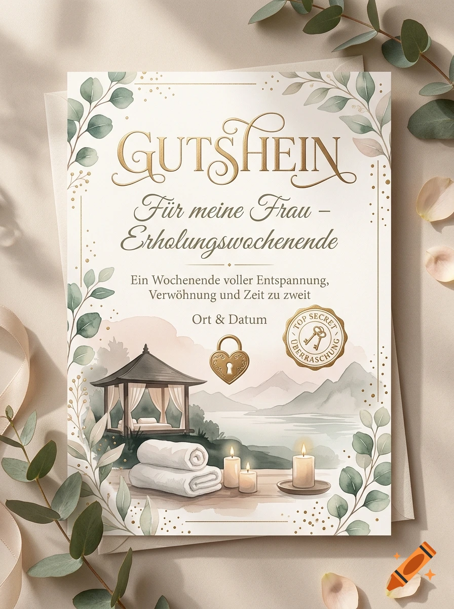 A botanical greeting card voucher with eucalyptus leaves, candles, and a spa gazebo watercolor illustration.